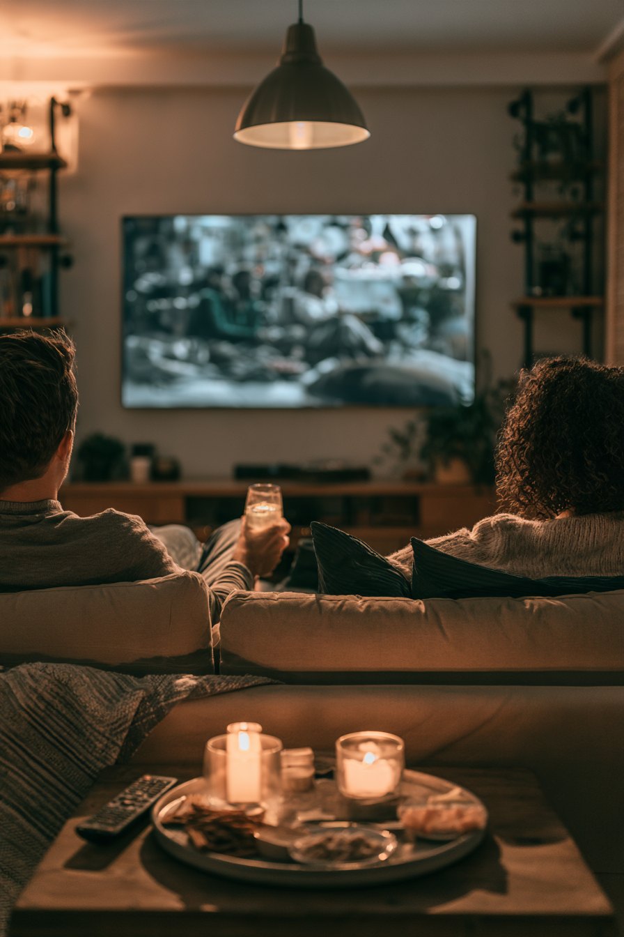 A cozy apartment living room at night with a wall-mounted TV glowing, a soundbar below it, and soft bias lighting behind the screen