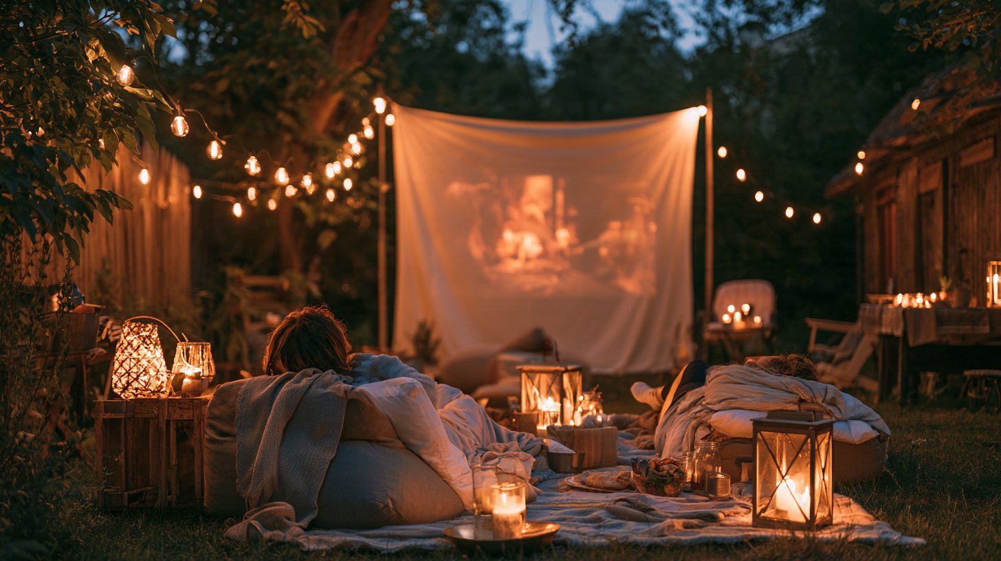 Backyard movie night with a projector screen, string lights, and chairs on a lawn at dusk