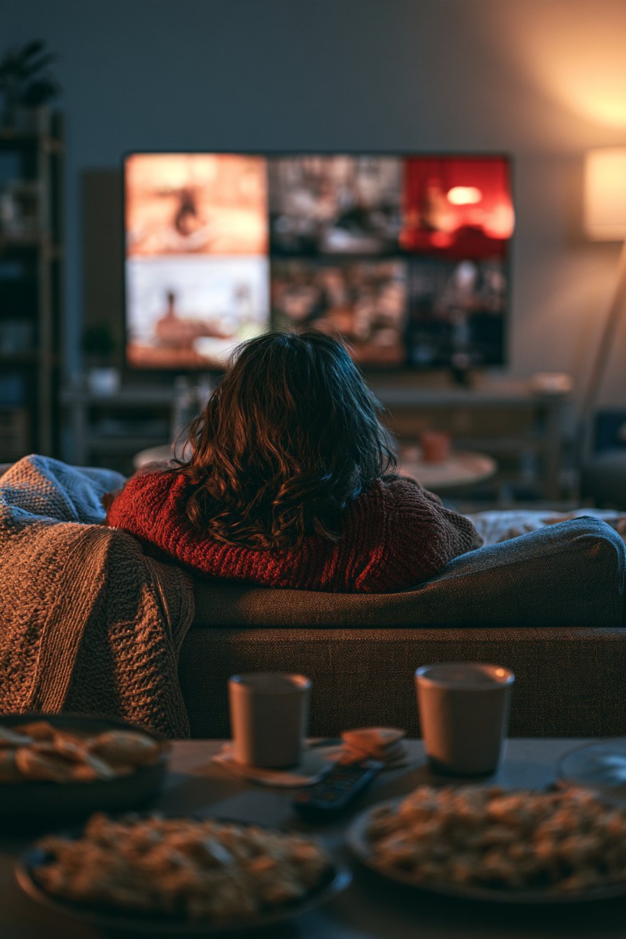 Living room with a large wall-mounted TV, dim ambient lighting, and a comfortable sectional sofa set up for a streaming night