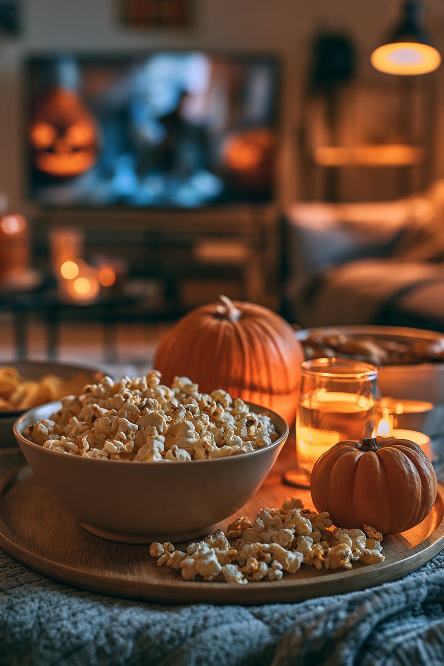Cozy living room set up for a Halloween movie marathon with dim orange lighting, popcorn, and a large TV screen glowing in the dark