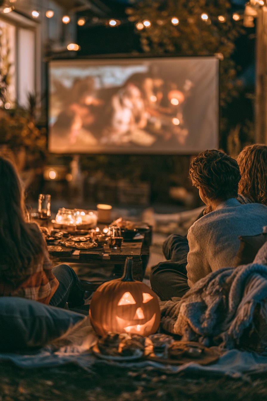 Cozy living room decorated for Halloween with popcorn, candles, and a horror film playing on a large TV screen