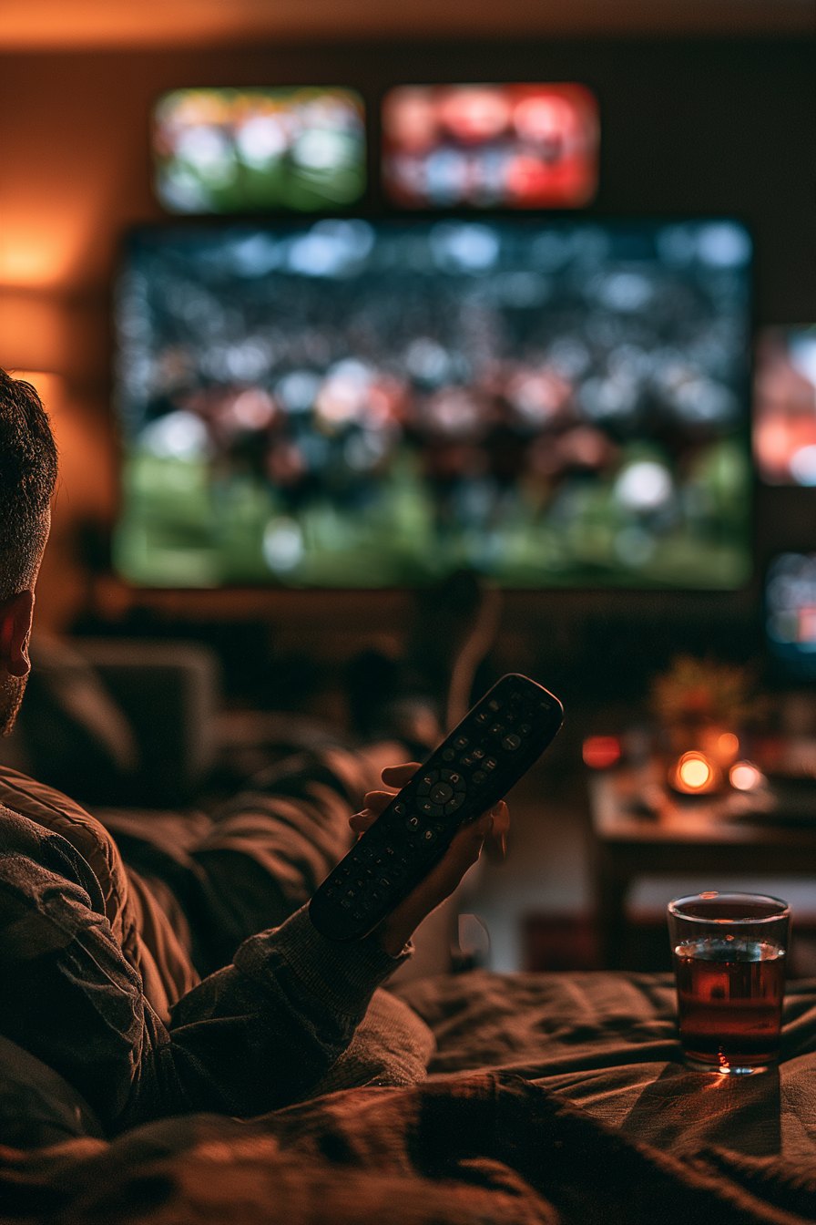 Person watching live sports on a large flat-screen TV in a modern living room without a cable box