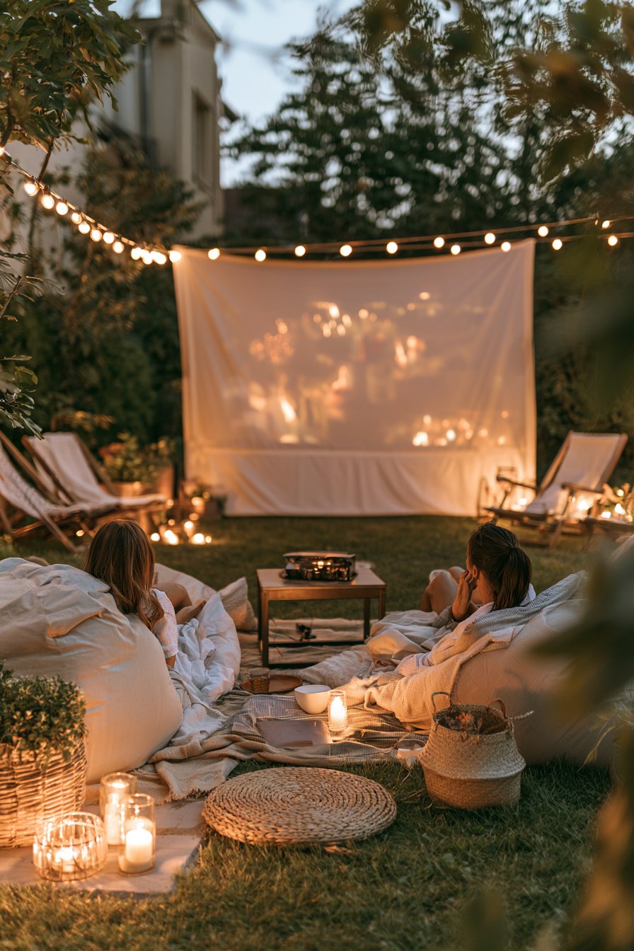 A compact backyard outdoor movie setup with a white projector screen, string lights, and low seating on grass at dusk