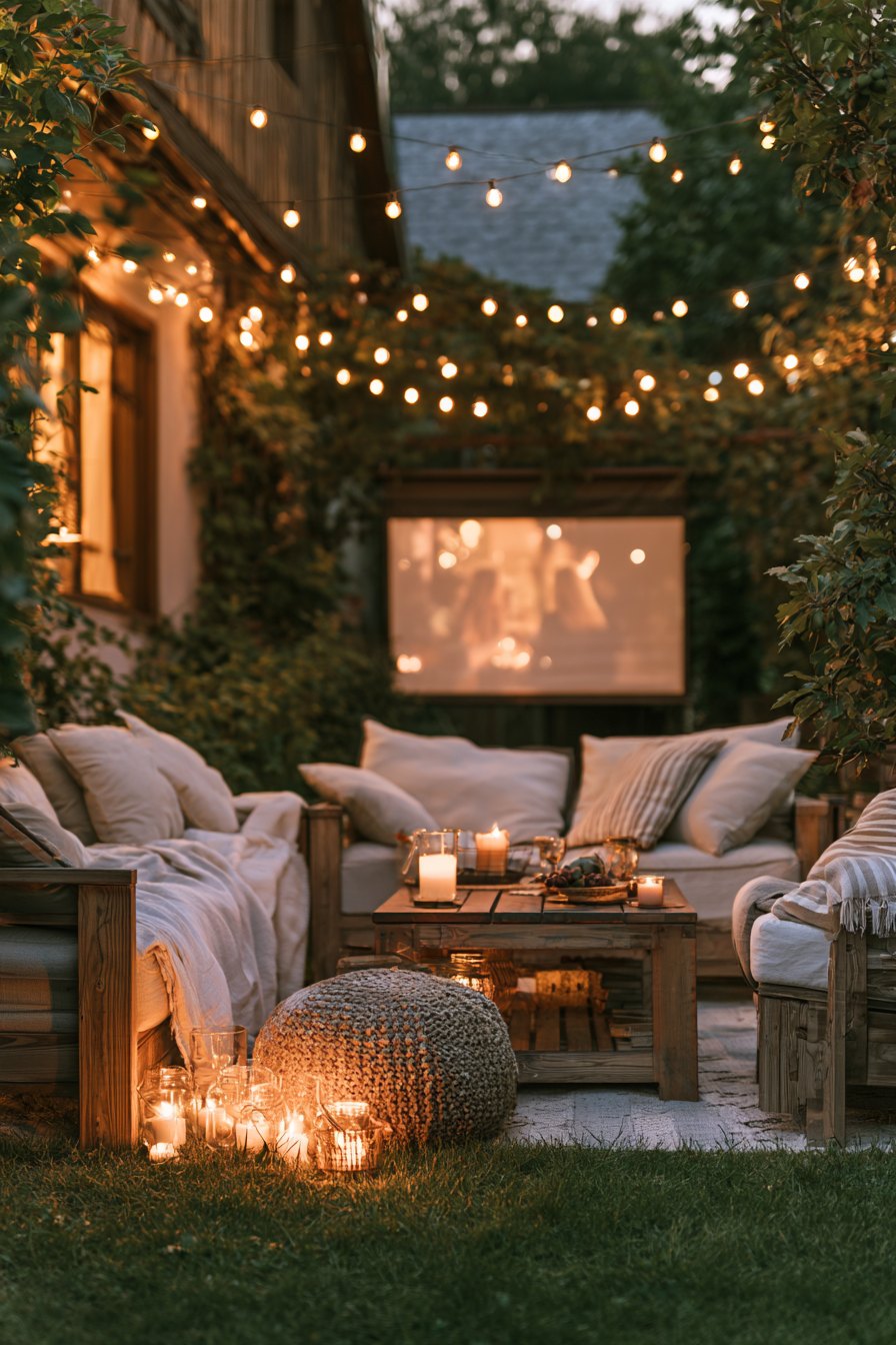 A portable projector throwing a bright image onto a pull-down screen in a small backyard at dusk, with string lights and low seating visible