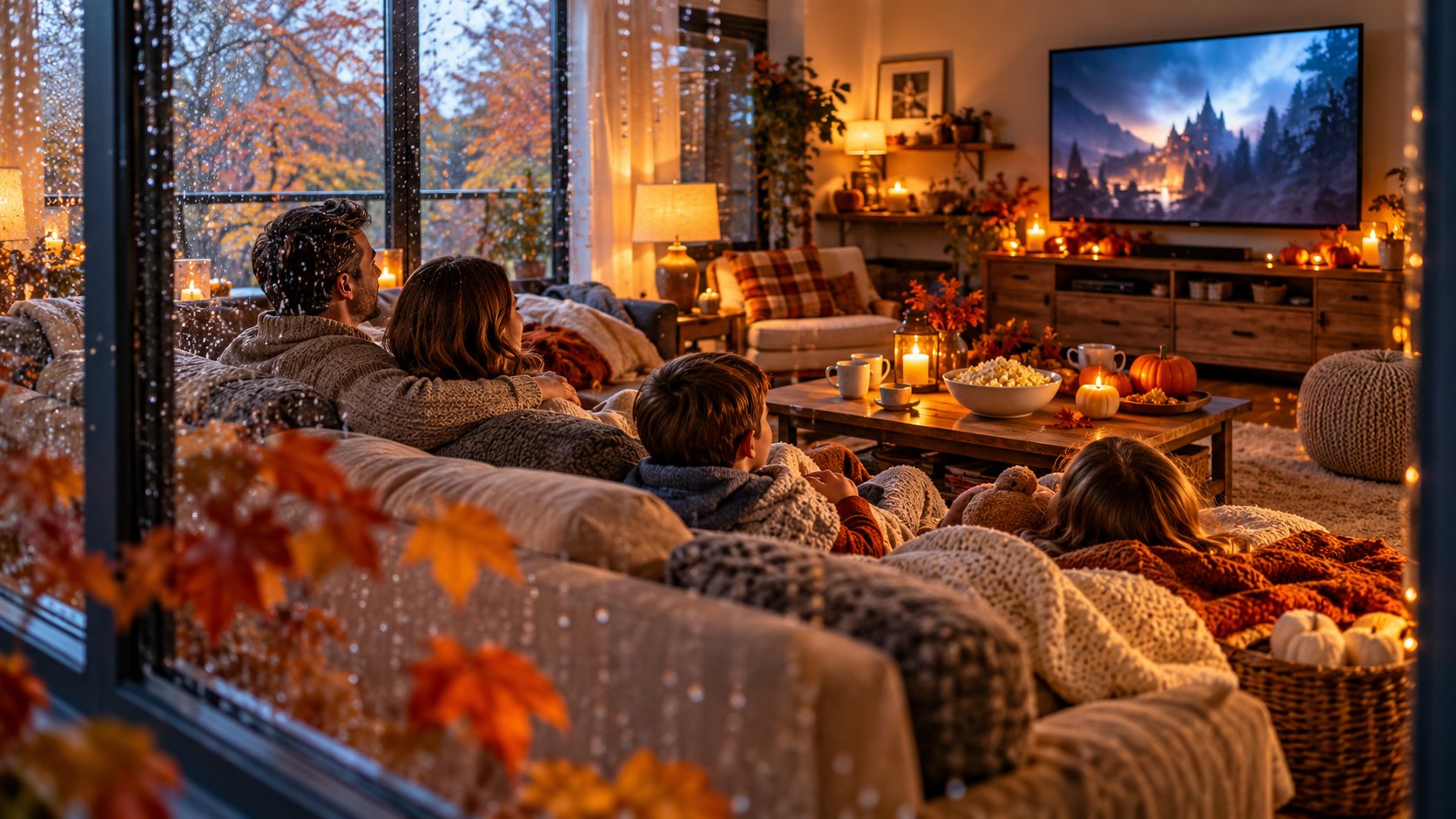 Family enjoying a cozy movie day at home on a rainy fall afternoon with blankets, popcorn, pumpkins, and warm autumn lighting.
