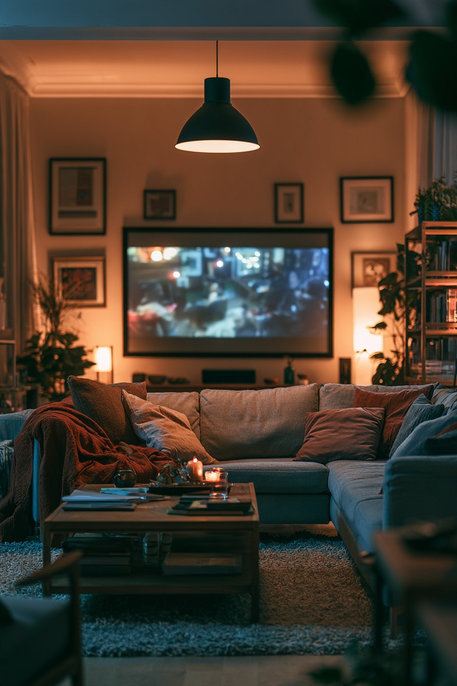A cozy small living room with a large screen projector setup, dim warm lighting, and a sectional sofa arranged for movie watching