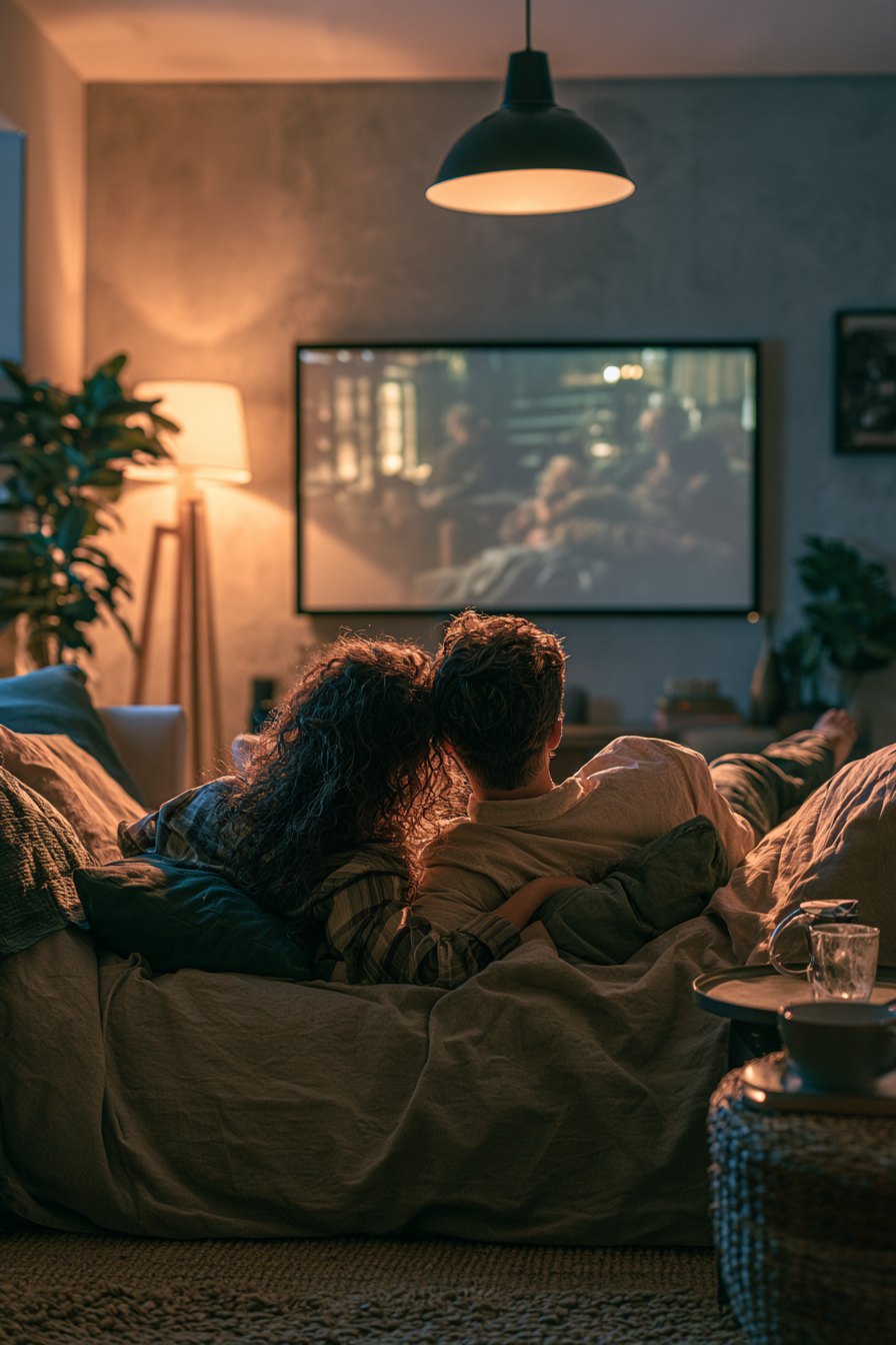A cozy small living room with a large TV on the wall, dim ambient lighting, and two people watching from a comfortable sofa